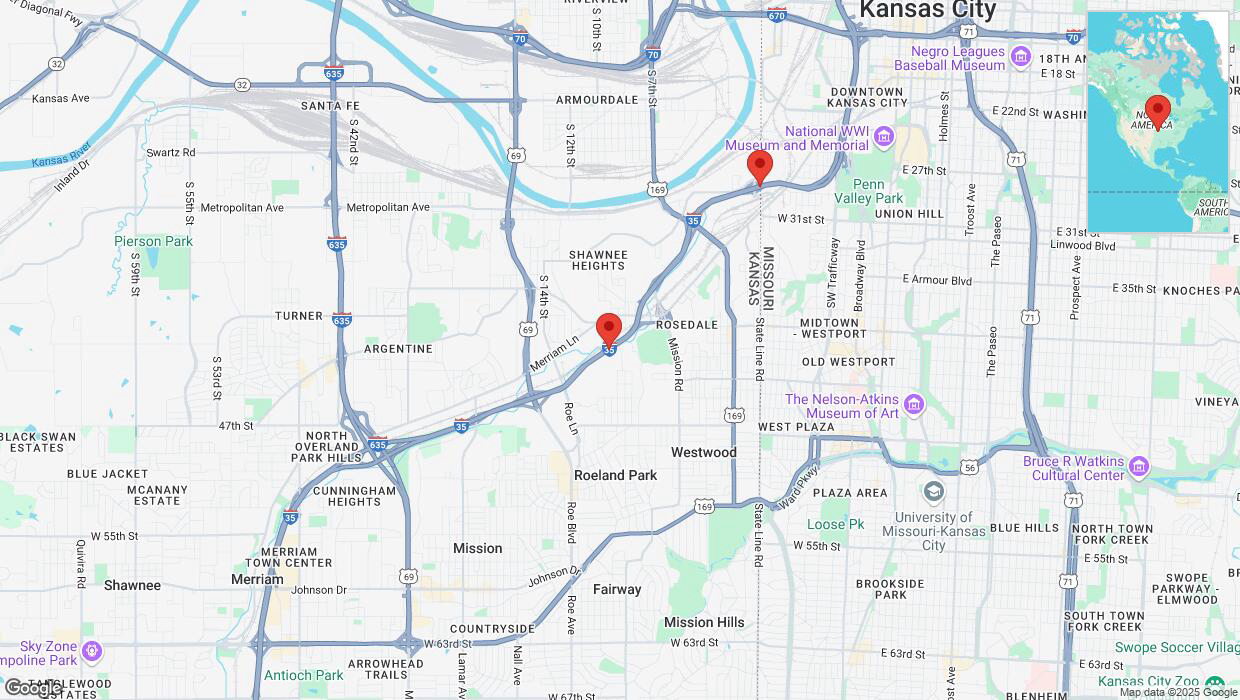 A detailed map that shows the affected road due to 'Traffic alert issued due to heavy rain conditions on northbound I-35 in Kansas City' on March 4th at 11:55 p.m.