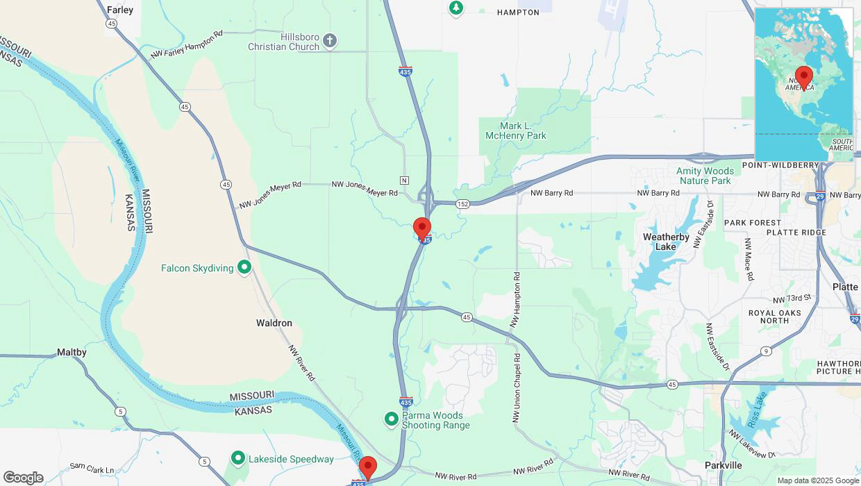 A detailed map that shows the affected road due to 'Drivers cautioned as heavy rain triggers traffic concerns on southbound I-435 in Parkville' on March 4th at 11:55 p.m.