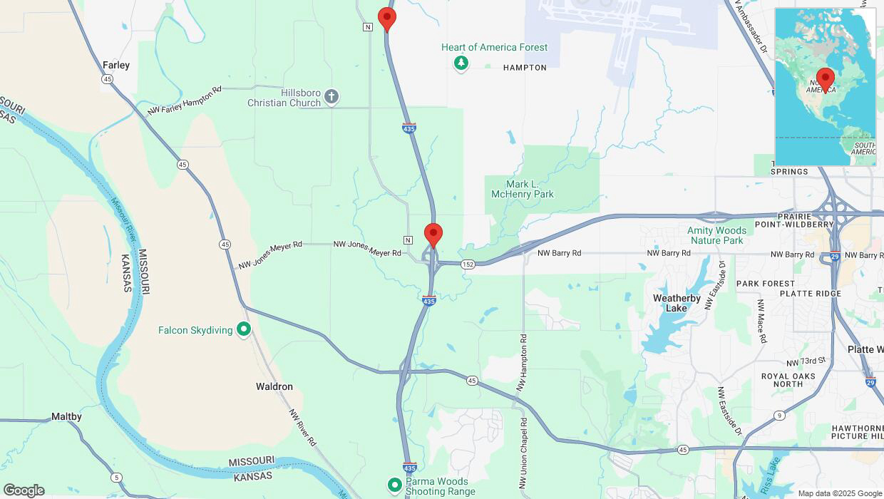A detailed map that shows the affected road due to 'Heavy rain prompts traffic warning on northbound I-435 in Kansas City' on March 4th at 11:55 p.m.
