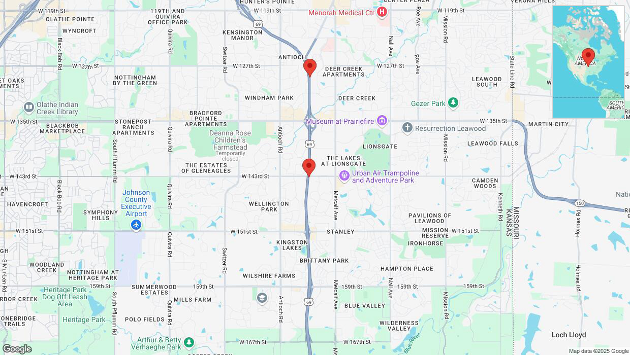 A detailed map that shows the affected road due to 'Traffic alert issued due to heavy rain conditions on northbound US-69 in Overland Park' on March 4th at 11:55 p.m.