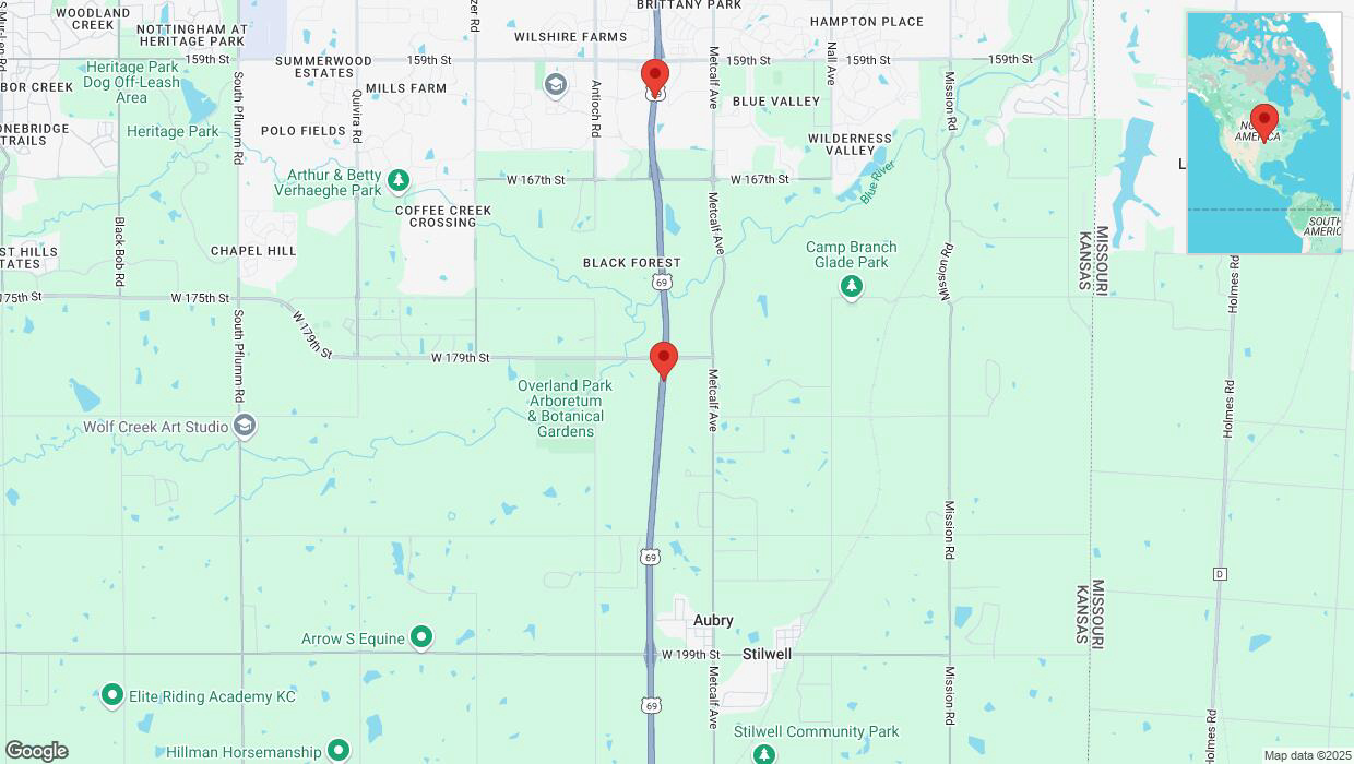 A detailed map that shows the affected road due to 'Traffic alert issued due to heavy rain conditions on northbound US-69 in Overland Park' on March 4th at 11:55 p.m.