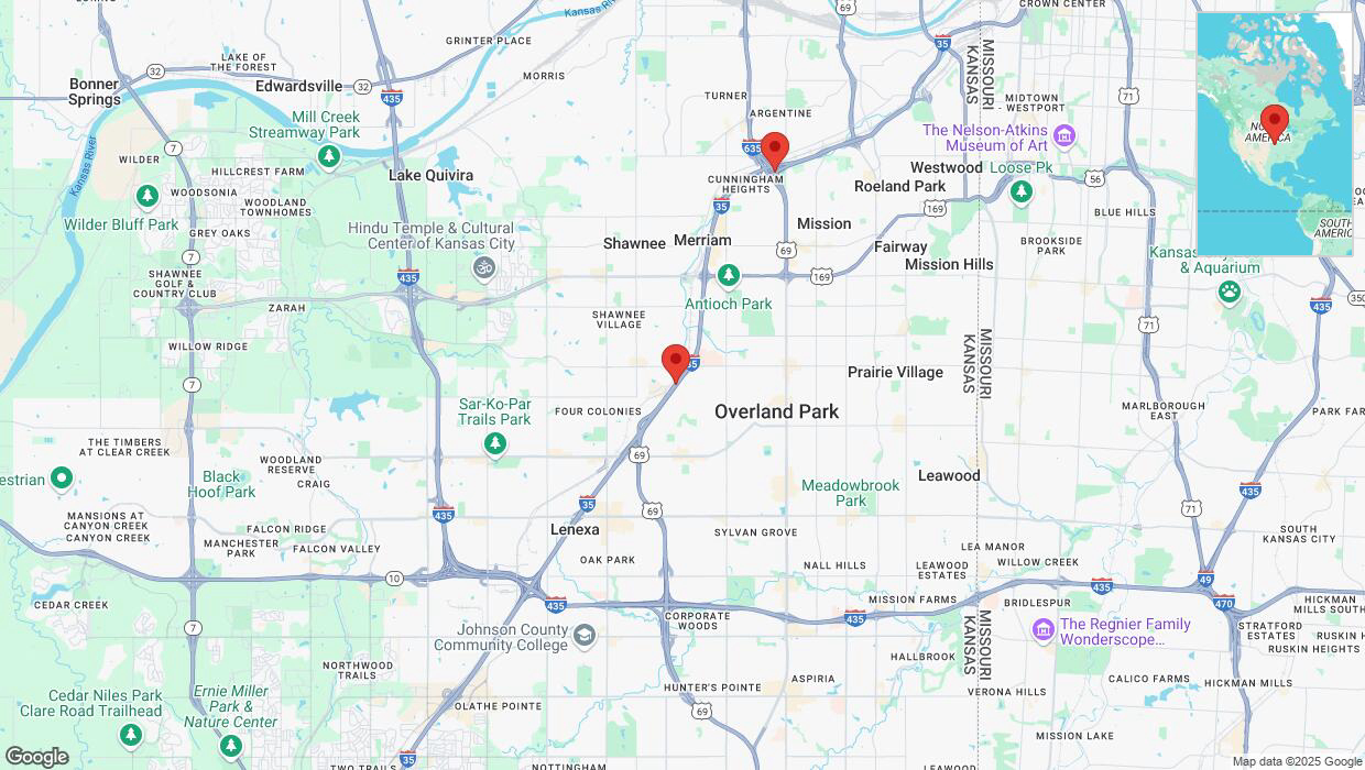 A detailed map that shows the affected road due to 'Traffic alert issued due to heavy rain conditions on eastbound I-35 in Overland Park' on March 4th at 11:55 p.m.