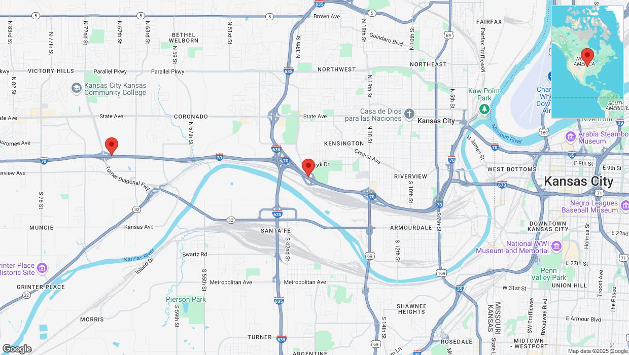 A detailed map that shows the affected road due to 'Heavy rain prompts traffic advisory on westbound I-70 in Kansas City' on March 4th at 11:55 p.m.