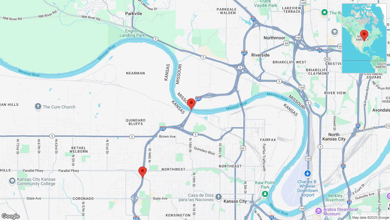 A detailed map that shows the affected road due to 'Heavy rain prompts traffic warning on westbound I-635 in Riverside' on March 4th at 11:55 p.m.