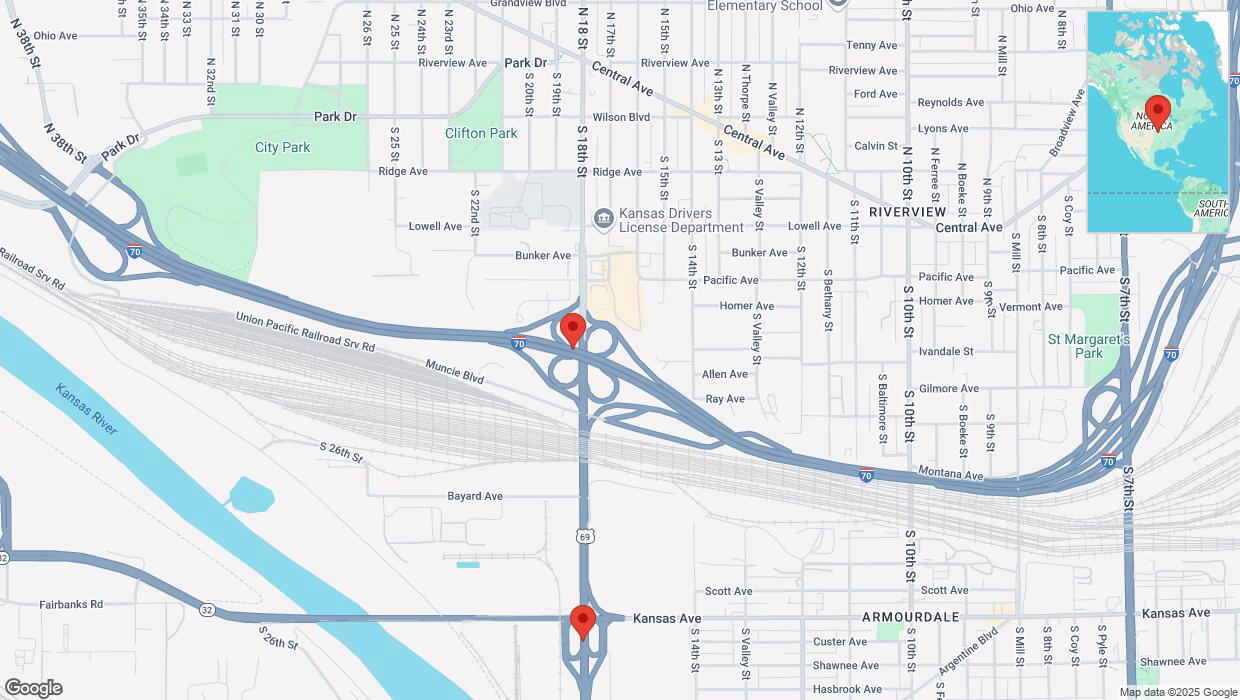 A detailed map that shows the affected road due to 'Traffic alert issued due to heavy rain conditions on southbound US-69 in Kansas City' on March 4th at 11:55 p.m.