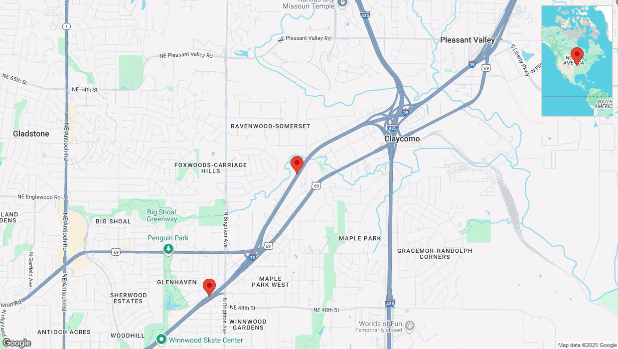 A detailed map that shows the affected road due to 'Heavy rain prompts traffic advisory on southbound I-35 in Kansas City' on March 4th at 11:55 p.m.