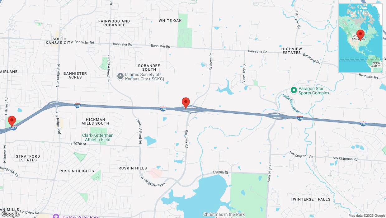 A detailed map that shows the affected road due to 'Heavy rain prompts traffic advisory on westbound I-470 in Kansas City' on March 4th at 11:55 p.m.