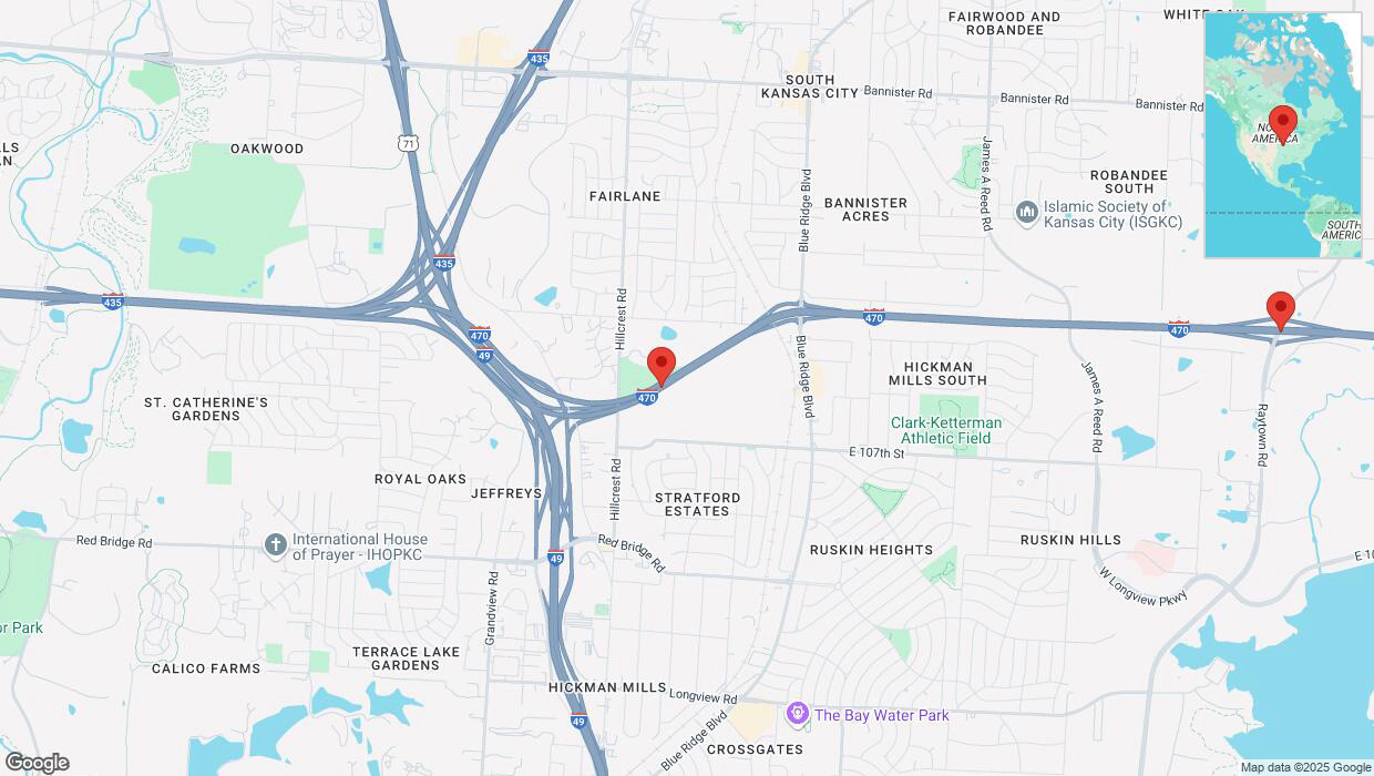 A detailed map that shows the affected road due to 'Heavy rain prompts traffic warning on eastbound I-470 in Kansas City' on March 4th at 11:55 p.m.
