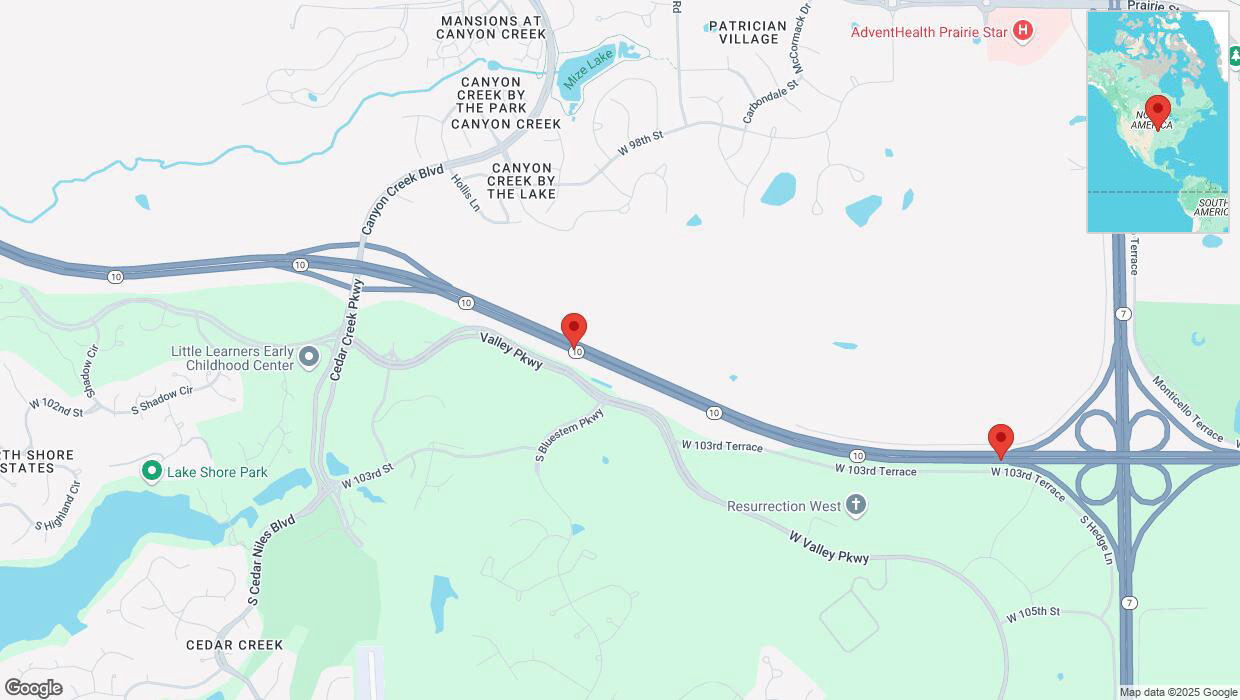 A detailed map that shows the affected road due to 'Traffic alert issued due to heavy rain conditions on eastbound K-10 in Lenexa' on March 4th at 11:55 p.m.
