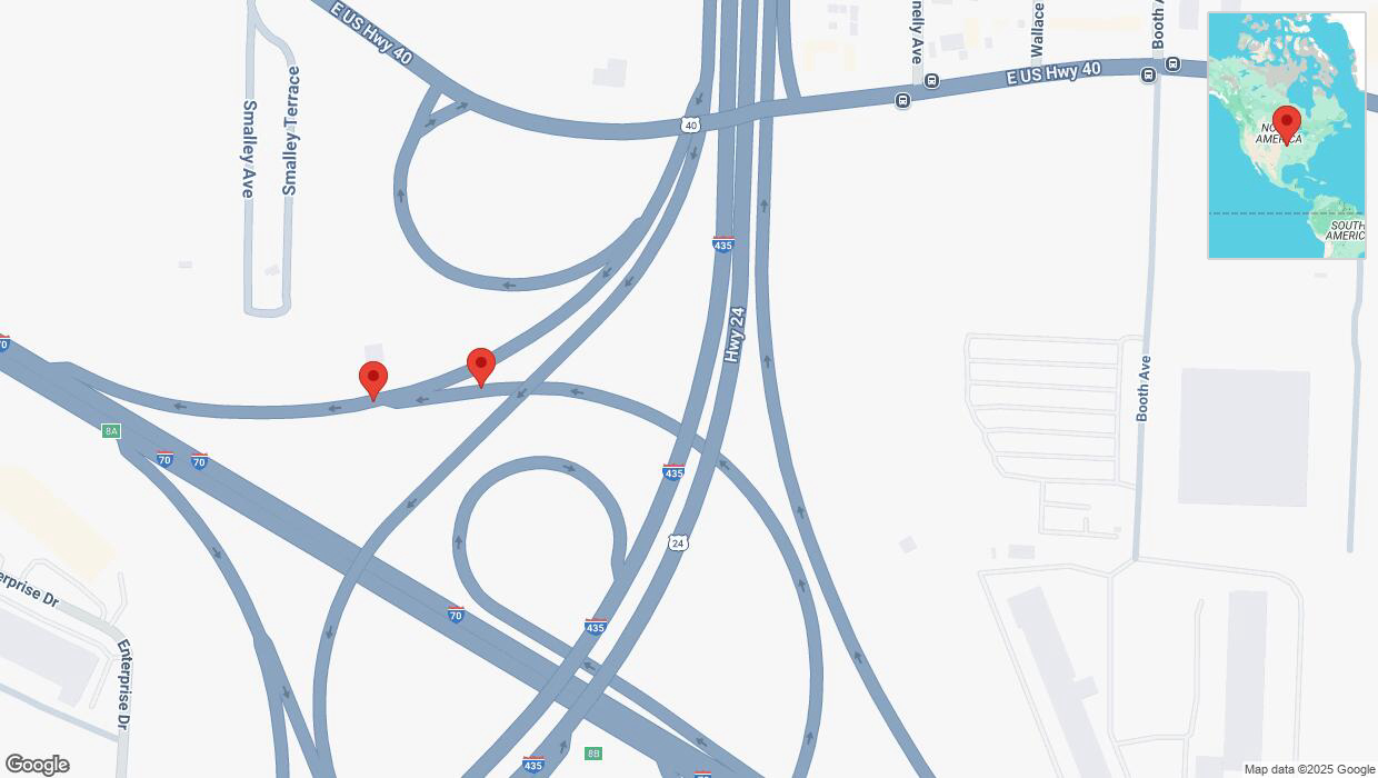 A detailed map that shows the affected road due to 'Broken down vehicle on the East US Highway 40 in Kansas City' on March 5th at 3:24 p.m.