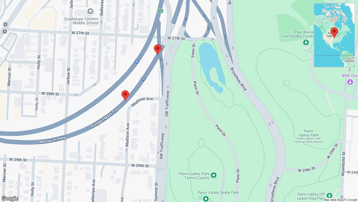 A detailed map that shows the affected road due to 'Broken down vehicle on northbound I-35 in Kansas City' on March 5th at 6:36 p.m.