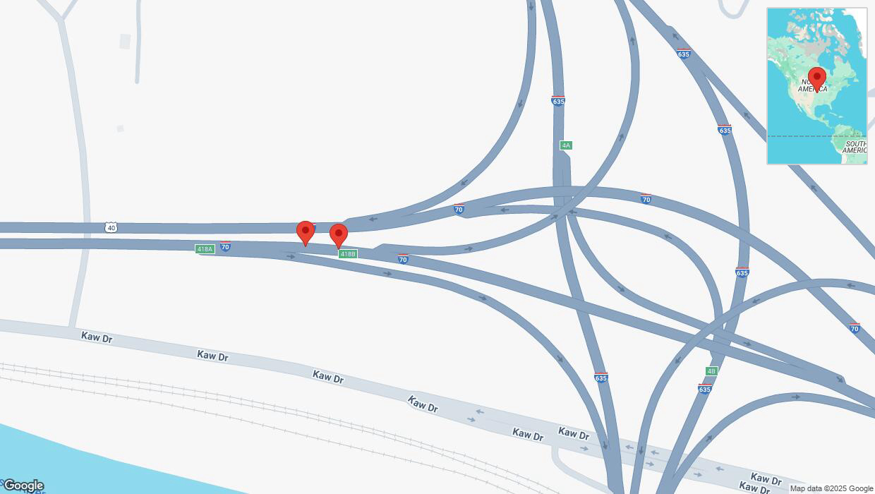 A detailed map that shows the affected road due to 'Broken down vehicle on eastbound I-70 in Kansas City' on March 5th at 7:12 p.m.