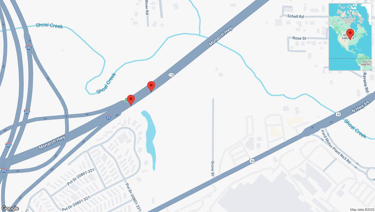 A detailed map that shows the affected road due to 'Broken down vehicle on northbound I-35 in Liberty' on March 5th at 7:30 p.m.