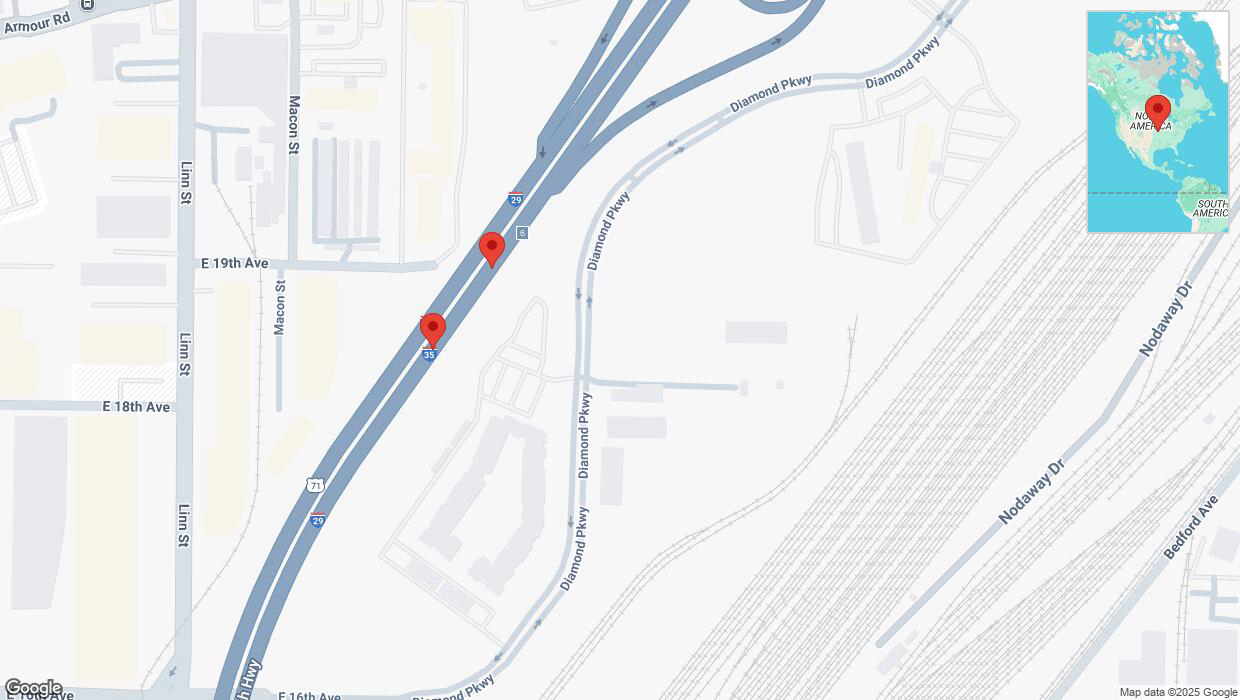 A detailed map that shows the affected road due to 'Broken down vehicle on northbound I-29/I-35 in North Kansas City' on March 5th at 9 p.m.