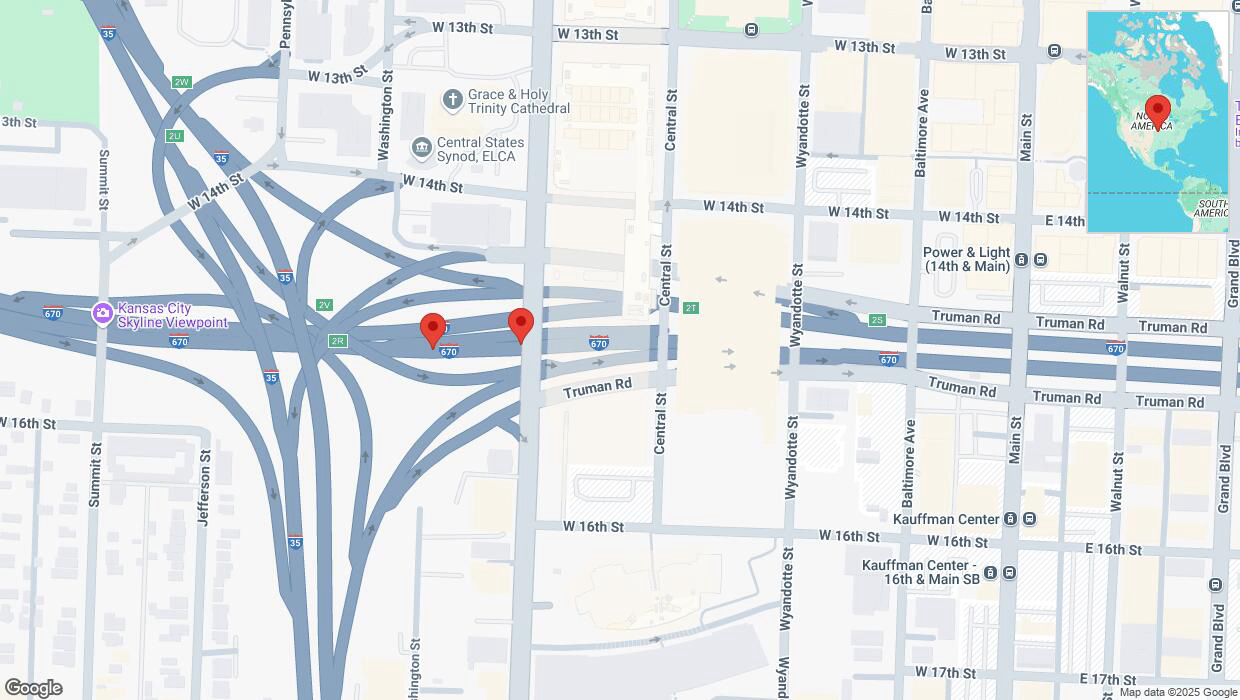 A detailed map that shows the affected road due to 'Broken down vehicle on eastbound I-670 in Kansas City' on March 5th at 11:24 p.m.