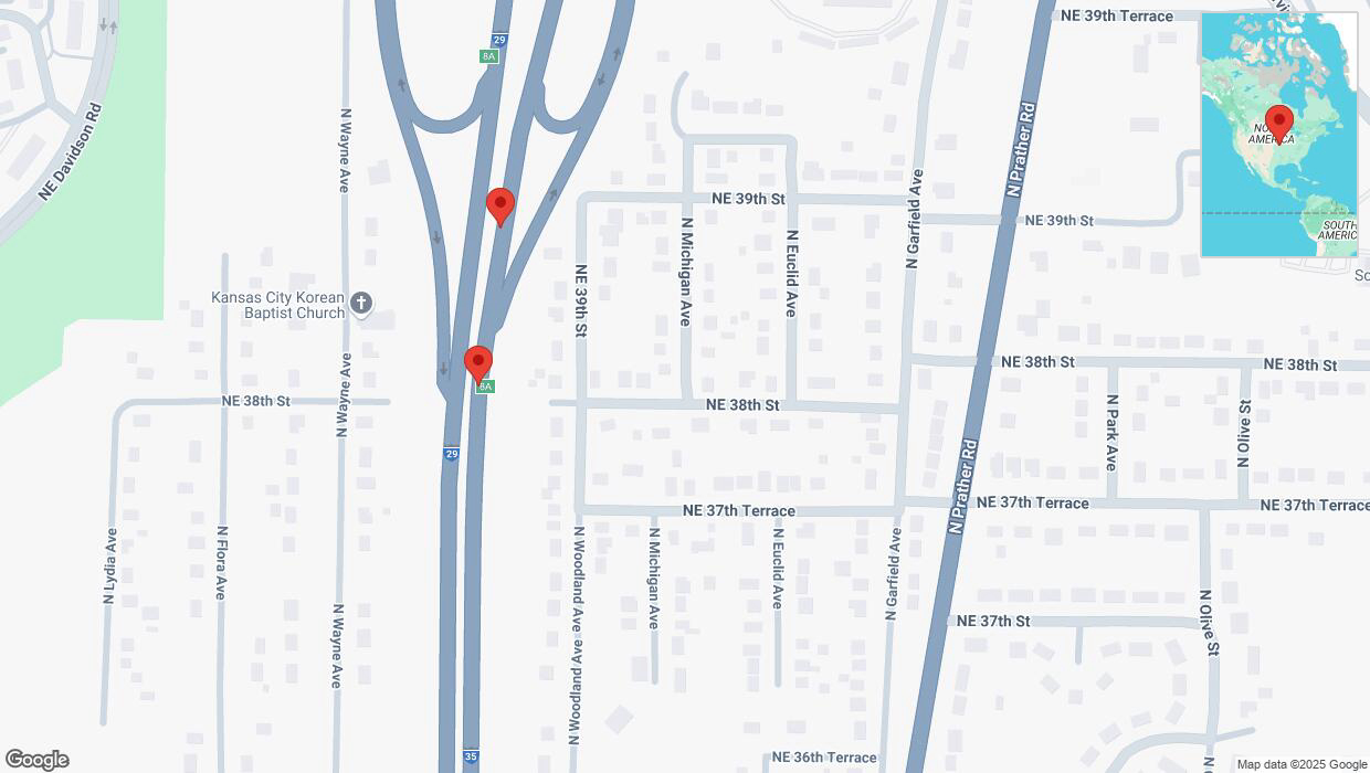 A detailed map that shows the affected road due to 'Broken down vehicle on northbound I-29/I-35 in Kansas City' on March 5th at 11:36 p.m.