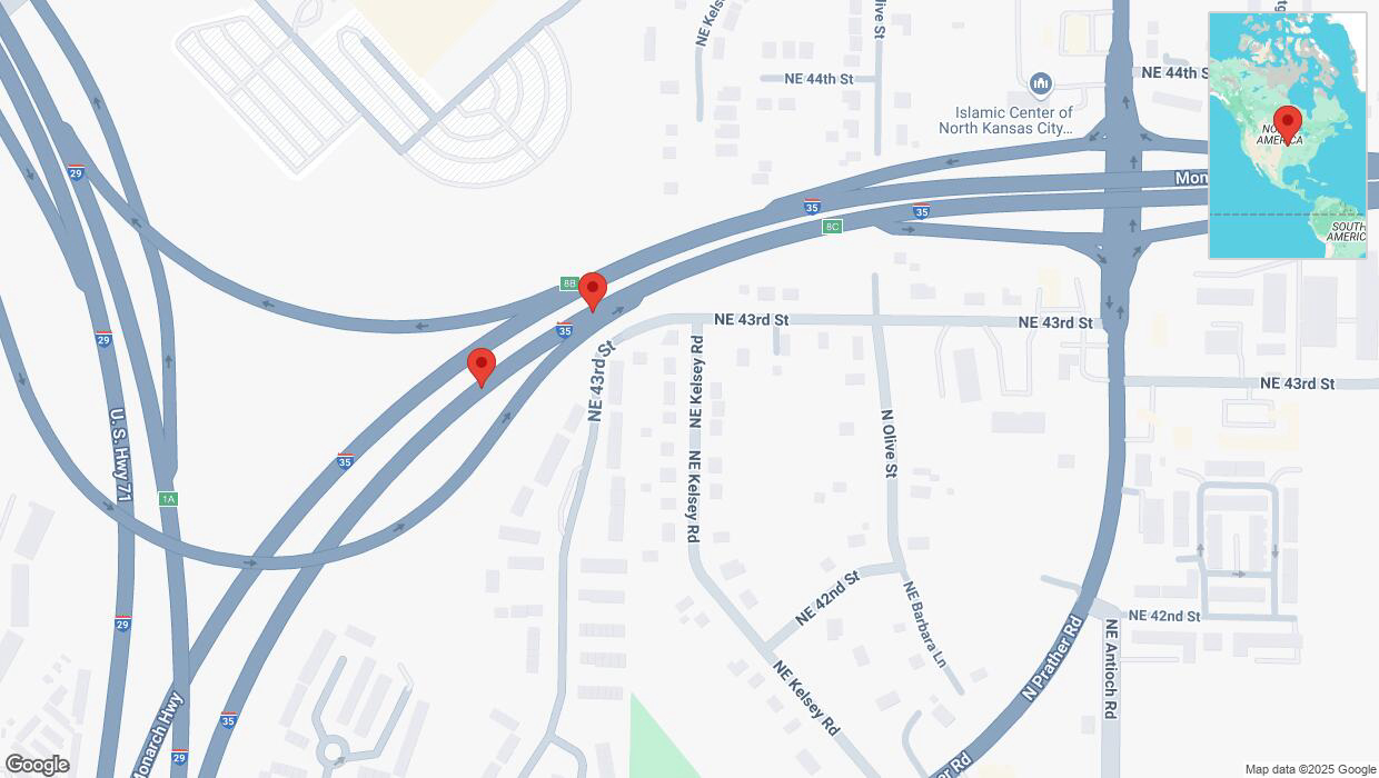 A detailed map that shows the affected road due to 'Broken down vehicle on northbound I-35 North in Kansas City' on March 5th at 11:47 p.m.