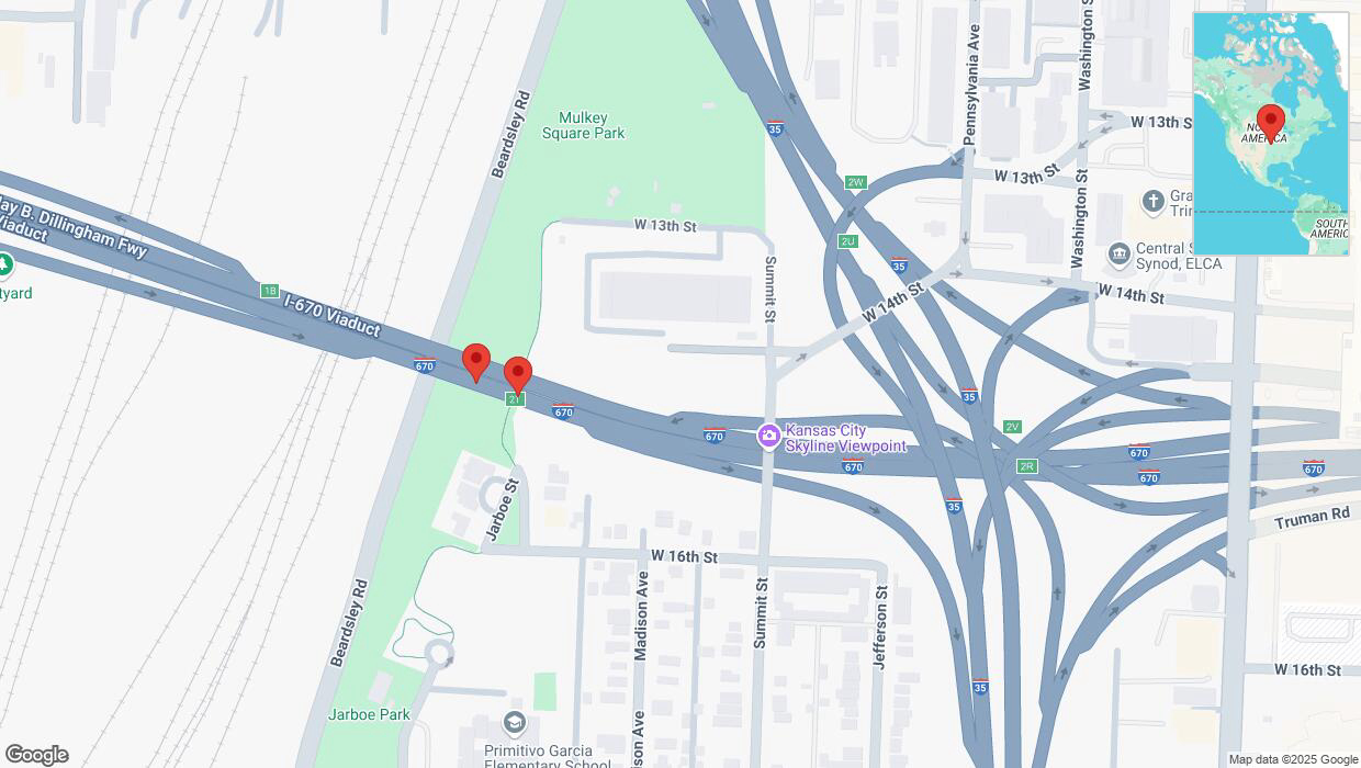 A detailed map that shows the affected road due to 'Broken down vehicle on eastbound I-670 in Kansas City' on March 6th at 12:23 p.m.