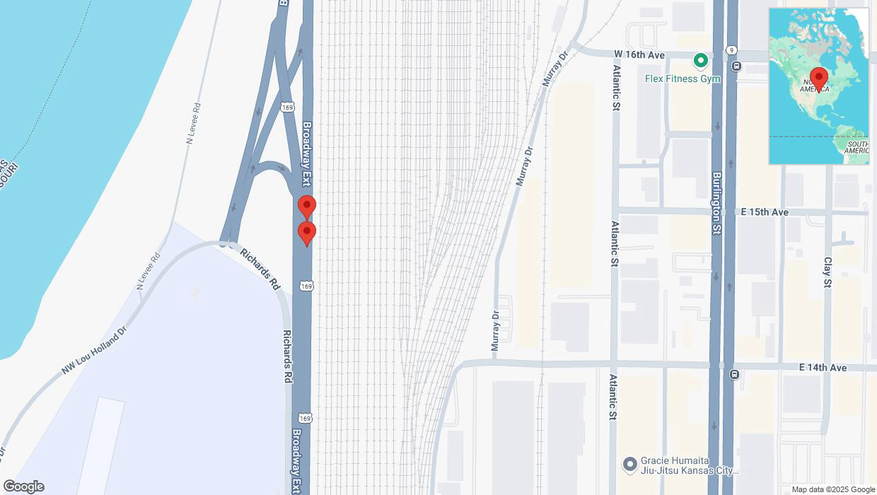 A detailed map that shows the affected road due to 'Broken down vehicle on northbound US-169 in North Kansas City' on March 6th at 12:53 p.m.