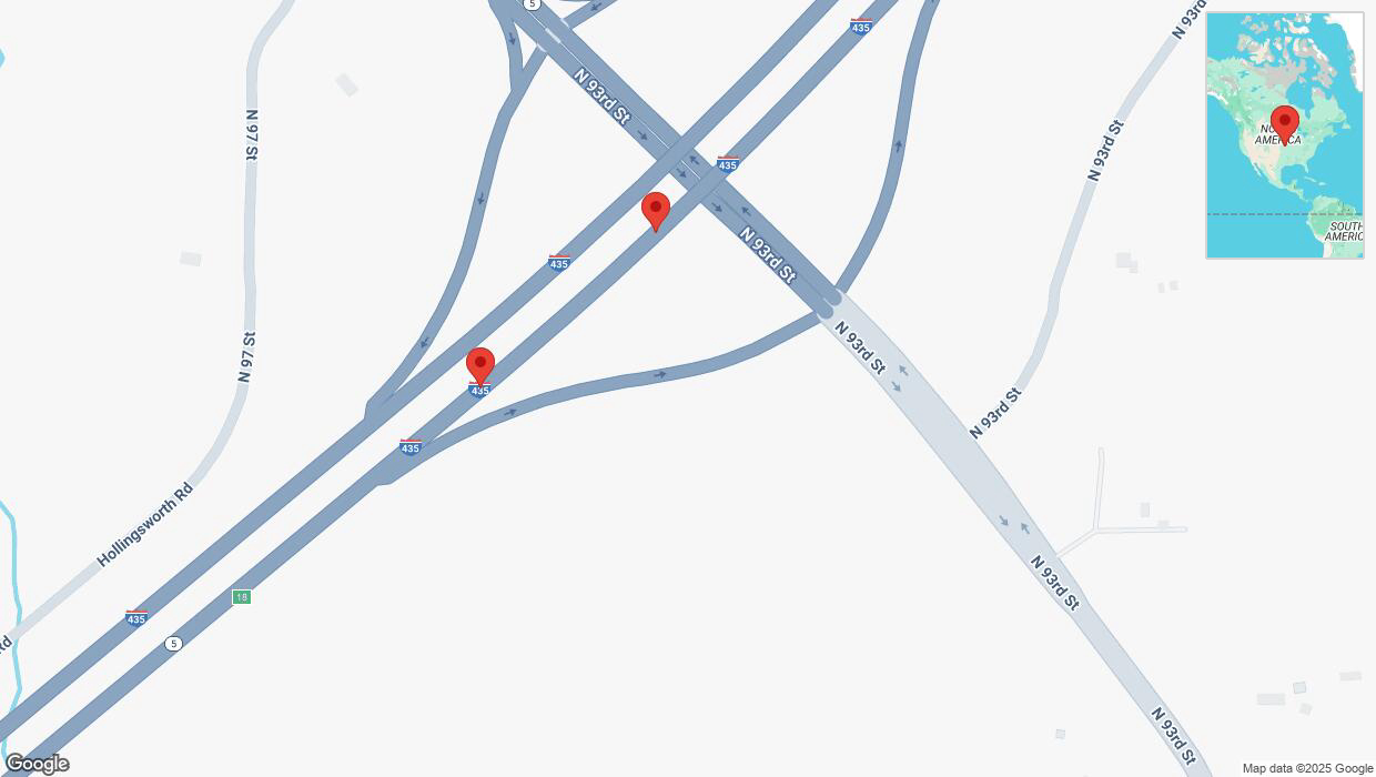A detailed map that shows the affected road due to 'Broken down vehicle on northbound I-435 in Kansas City' on March 6th at 12:53 p.m.