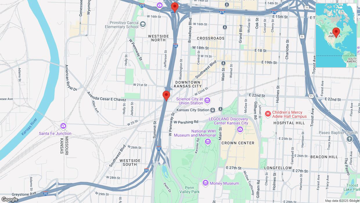 A detailed map that shows the affected road due to 'Warning: Crash on northbound I-35 in Kansas City' on March 6th at 1:05 p.m.