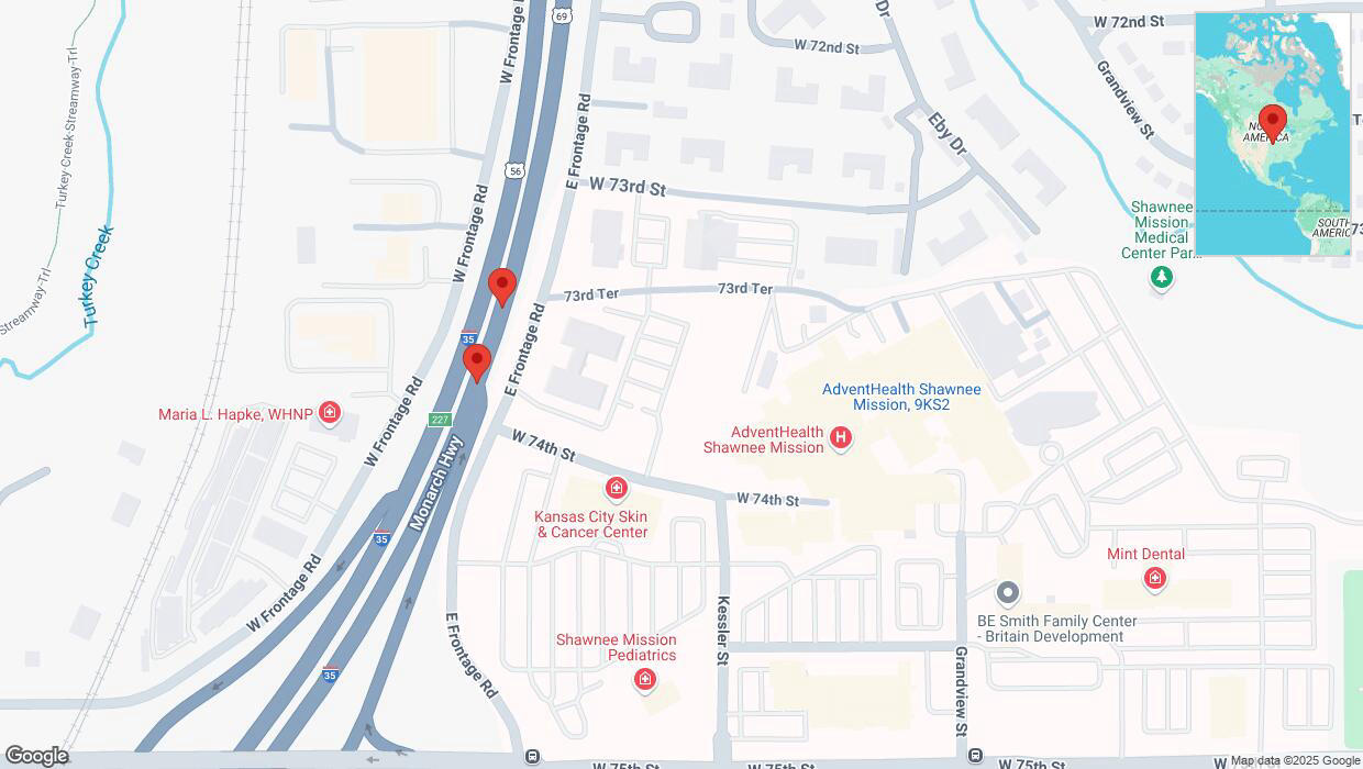A detailed map that shows the affected road due to 'Broken down vehicle on eastbound I-35 in Merriam' on March 6th at 1:17 p.m.