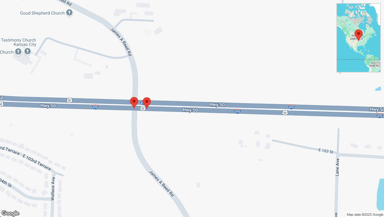 A detailed map that shows the affected road due to 'Broken down vehicle on eastbound I-470 in Kansas City' on March 6th at 1:23 p.m.