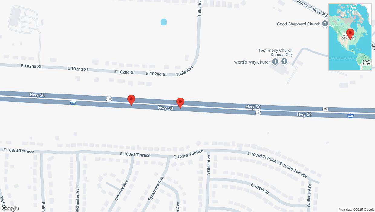 A detailed map that shows the affected road due to 'Broken down vehicle on eastbound I-470 in Kansas City' on March 6th at 1:41 p.m.