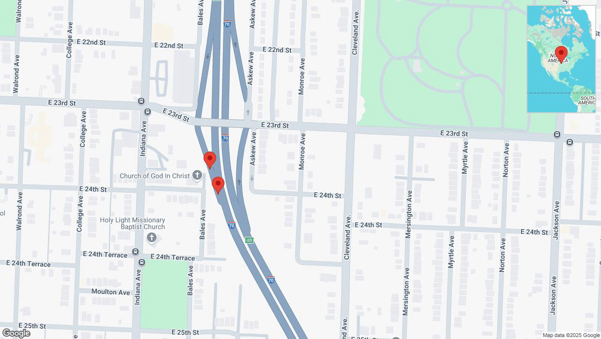 A detailed map that shows the affected road due to 'Broken down vehicle on Bales Avenue in Kansas City' on March 6th at 2:17 p.m.