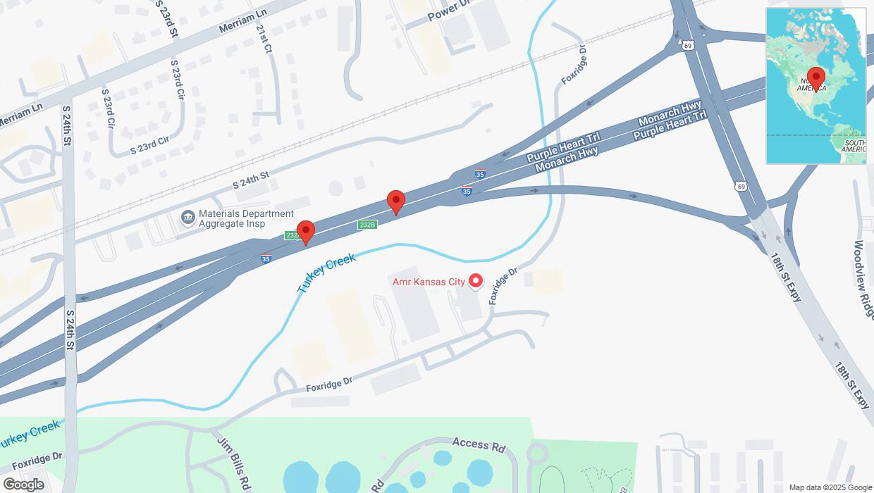 A detailed map that shows the affected road due to 'Broken down vehicle on northbound I-35 in Kansas City' on March 6th at 4:05 p.m.