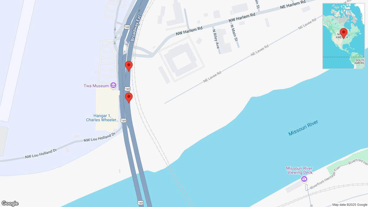 A detailed map that shows the affected road due to 'Broken down vehicle on northbound US-169 North in Kansas City' on March 6th at 4:23 p.m.