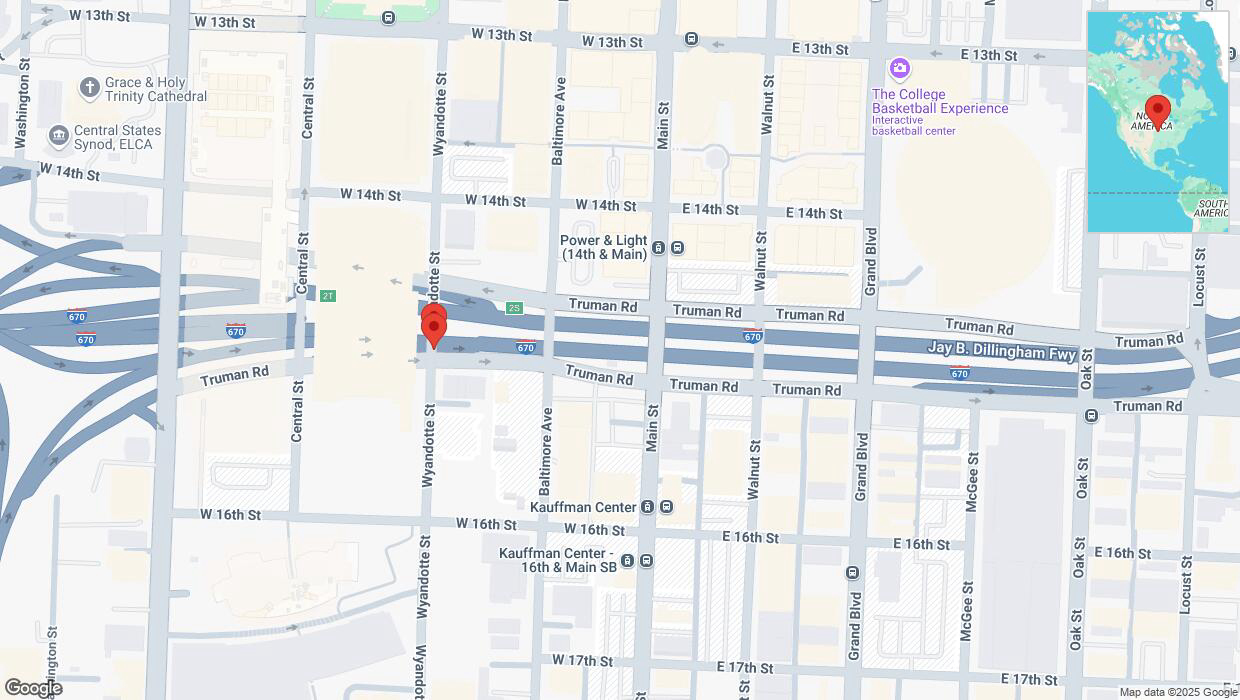 A detailed map that shows the affected road due to 'Warning in Kansas City: Crash reported on Truman Road' on March 6th at 4:59 p.m.