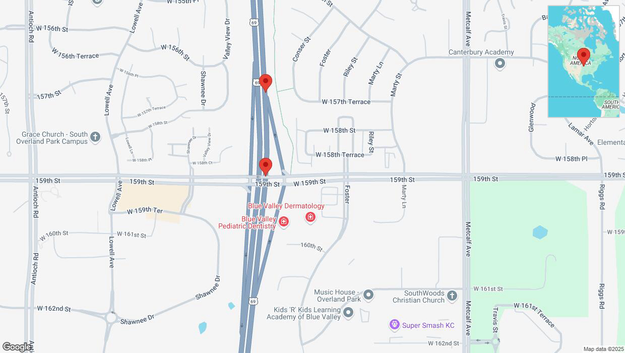A detailed map that shows the affected road due to 'Broken down vehicle on northbound US-69 in Overland Park' on March 6th at 6:53 p.m.
