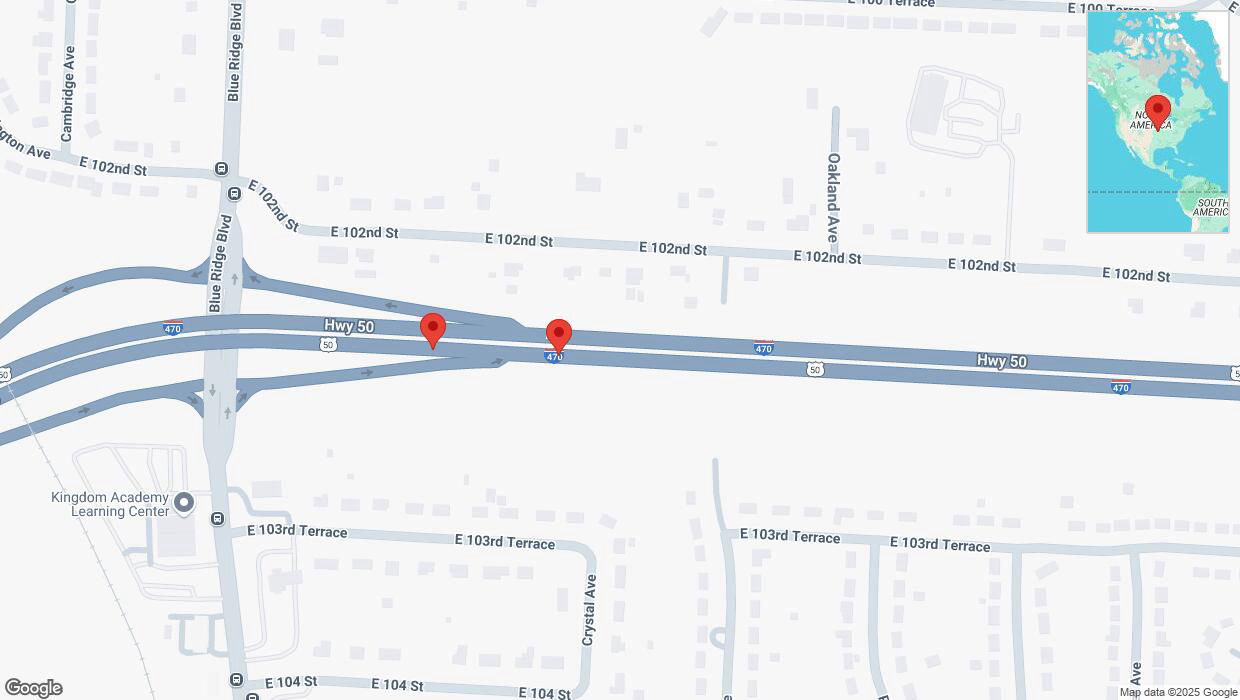 A detailed map that shows the affected road due to 'Broken down vehicle on eastbound I-470 in Kansas City' on March 6th at 5:29 p.m.