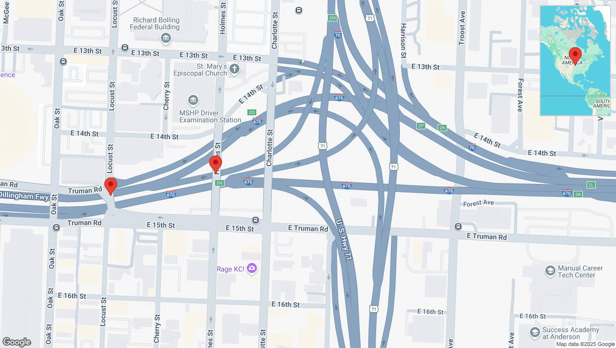 A detailed map that shows the affected road due to 'Broken down vehicle on East 14th Street in Kansas City' on March 6th at 6:35 p.m.