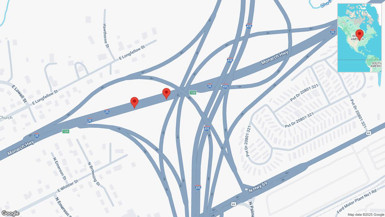 A detailed map that shows the affected road due to 'Broken down vehicle on northbound I-35 in Kansas City' on March 6th at 6:29 p.m.