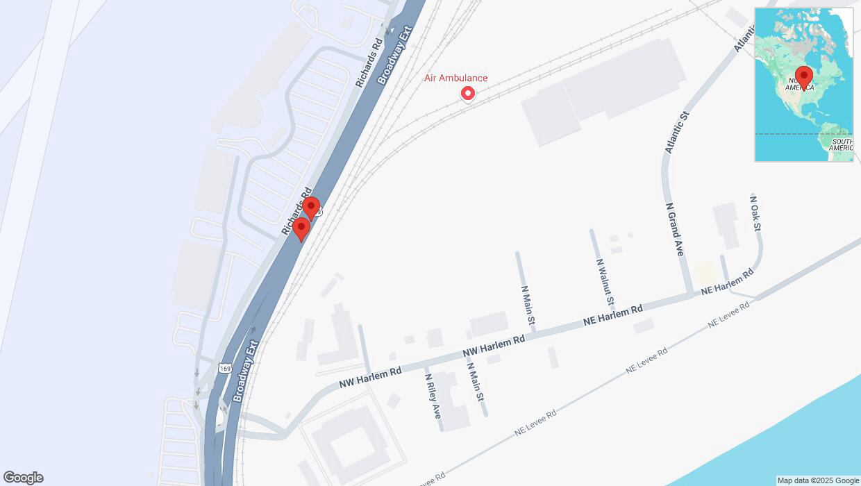 A detailed map that shows the affected road due to 'Broken down vehicle on northbound US-169 North in North Kansas City' on March 6th at 7:17 p.m.