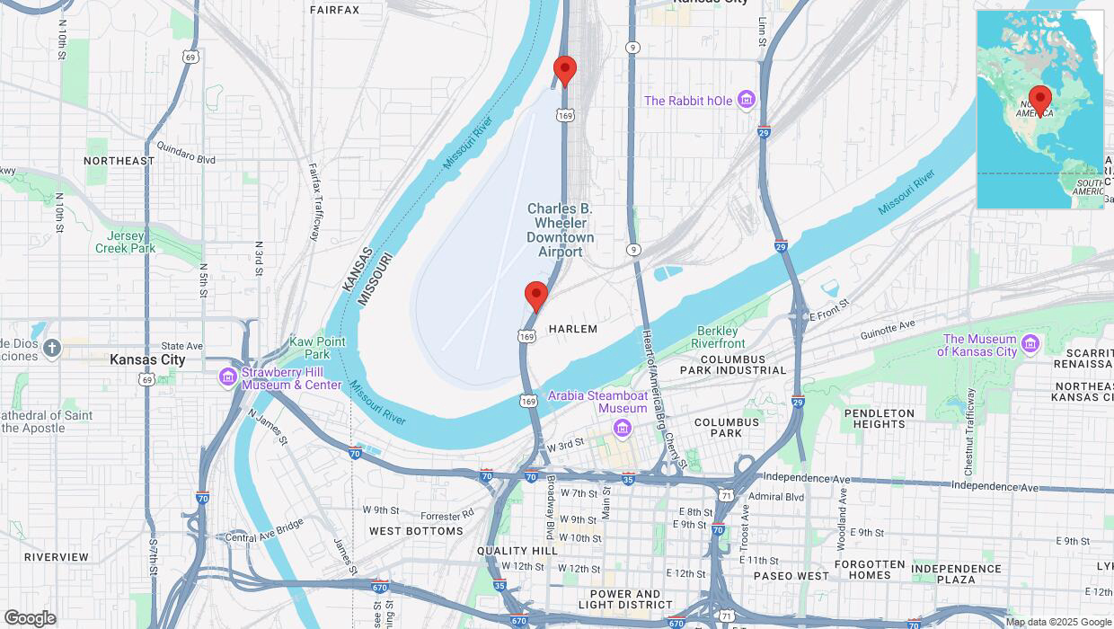A detailed map that shows the affected road due to 'Broken down vehicle on northbound US-169 North in North Kansas City' on March 6th at 7:05 p.m.