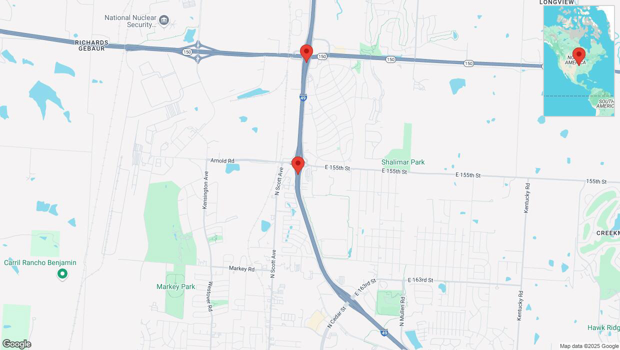 A detailed map that shows the affected road due to 'Warning: Crash on northbound I-40/US-71 in Belton' on March 6th at 9:09 p.m.