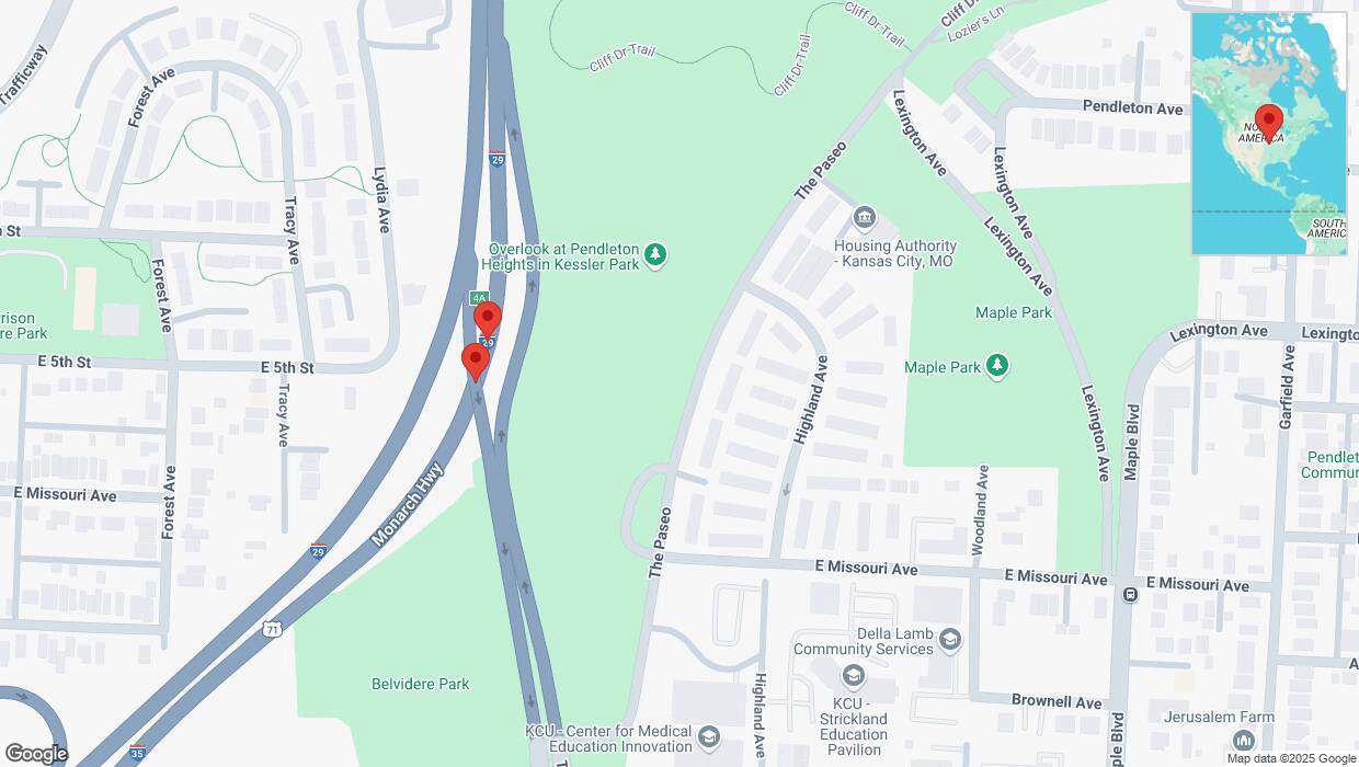 A detailed map that shows the affected road due to 'Warning in Kansas City: Crash reported on northbound I-35' on March 6th at 11:14 p.m.