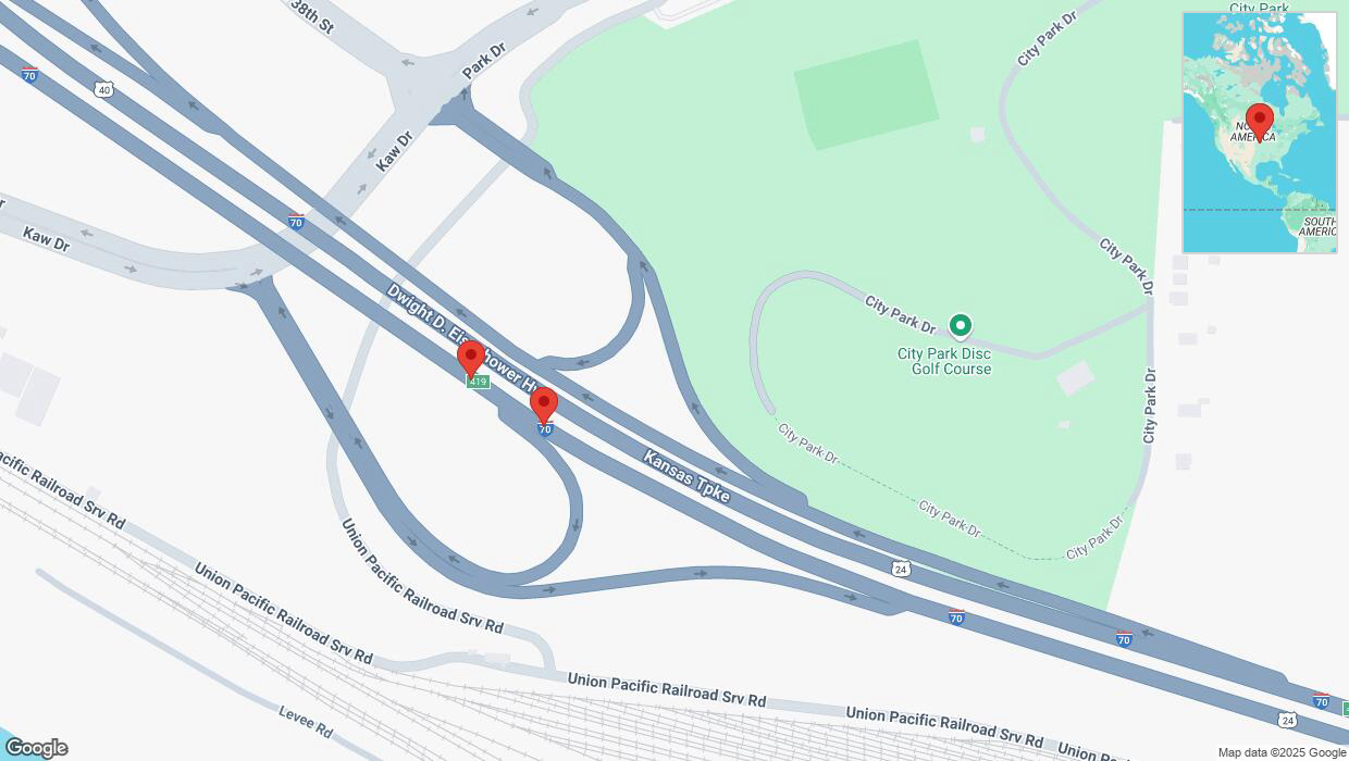 A detailed map that shows the affected road due to 'Broken down vehicle on eastbound I-70 in Kansas City' on March 6th at 11:14 p.m.