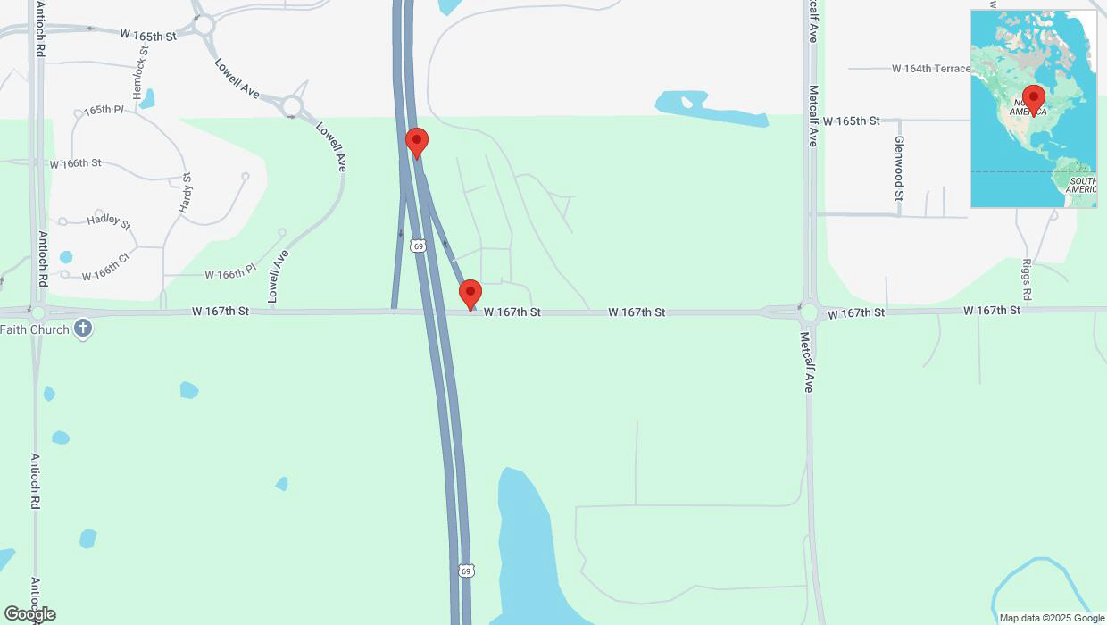 A detailed map that shows the affected road due to 'West 167th Street closed in Overland Park' on March 7th at 9:06 p.m.