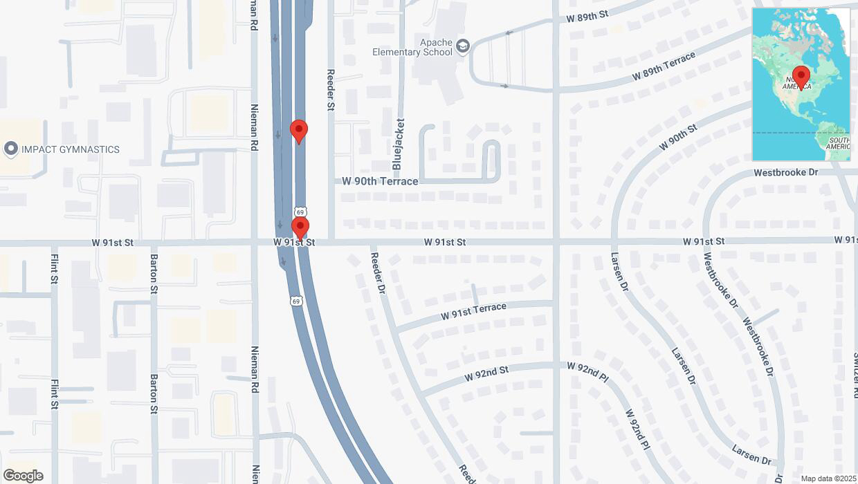 A detailed map that shows the affected road due to 'Broken down vehicle on northbound US-69 in Overland Park' on March 7th at 1:24 p.m.