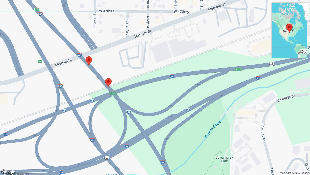 A detailed map that shows the affected road due to 'Broken down vehicle on northbound I-635 in Overland Park' on March 7th at 2 p.m.