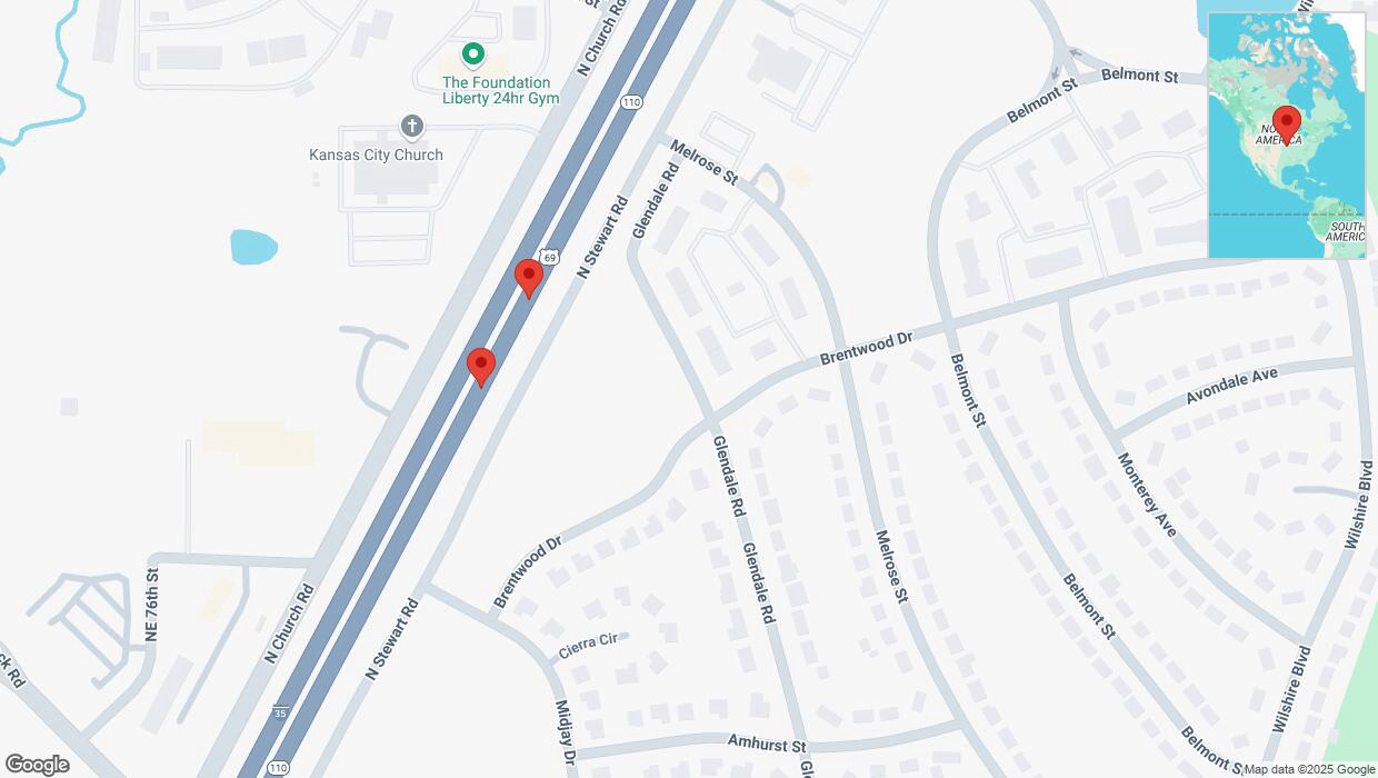 A detailed map that shows the affected road due to 'Broken down vehicle on northbound I-35 in Kansas City' on March 7th at 2:30 p.m.