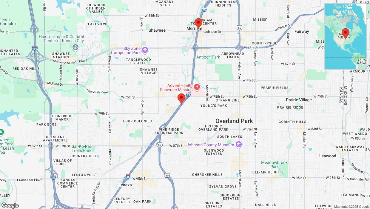 A detailed map that shows the affected road due to 'Lane on I-35 closed in Overland Park' on March 7th at 2:48 p.m.