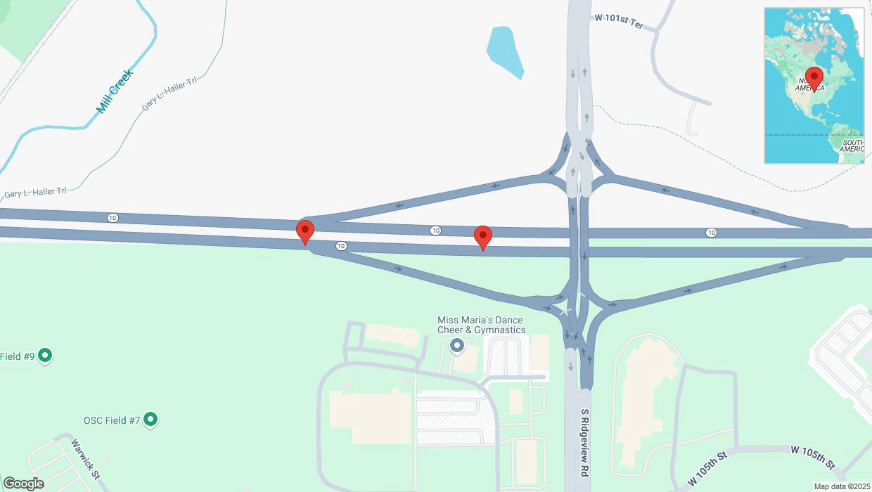 A detailed map that shows the affected road due to 'Broken down vehicle on eastbound K-10 in Olathe' on March 7th at 3:32 p.m.