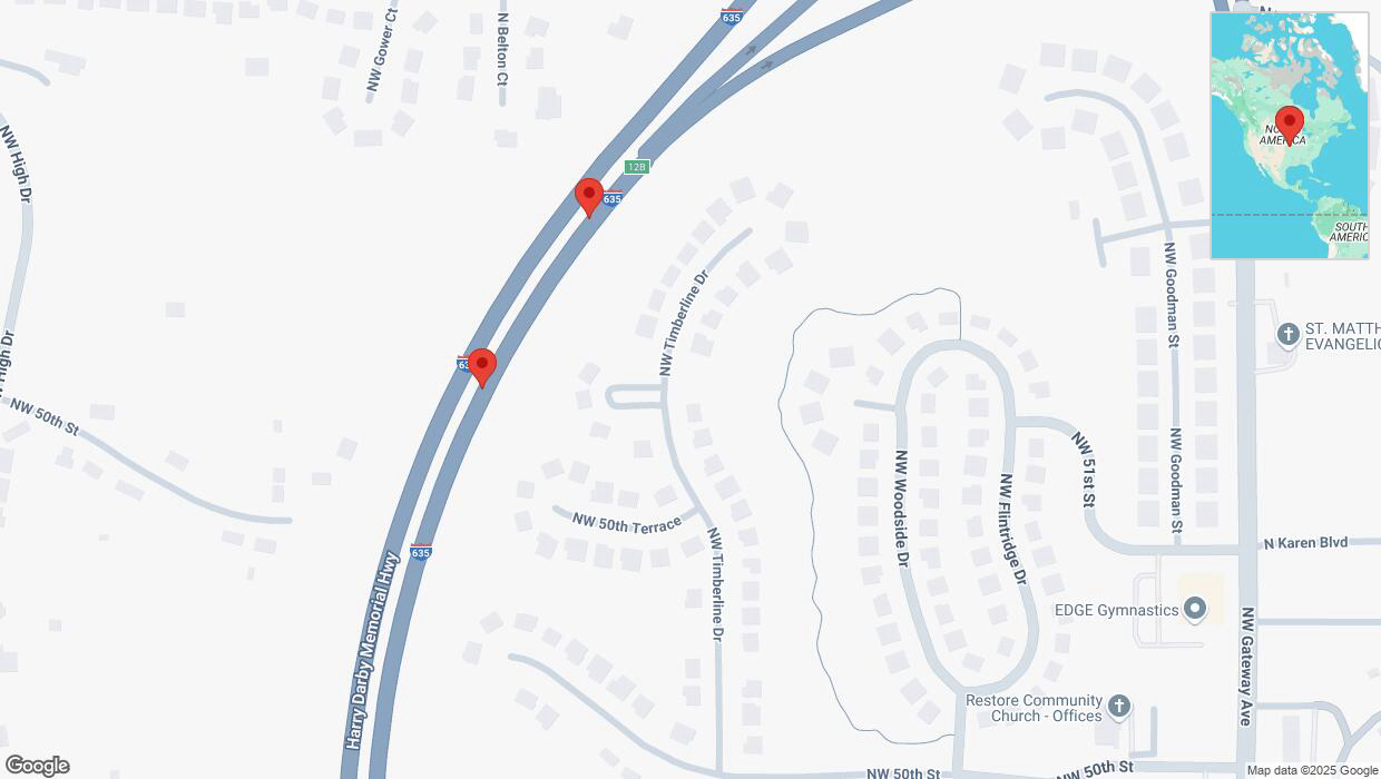 A detailed map that shows the affected road due to 'Broken down vehicle on northbound I-635 in Riverside' on March 7th at 4:12 p.m.