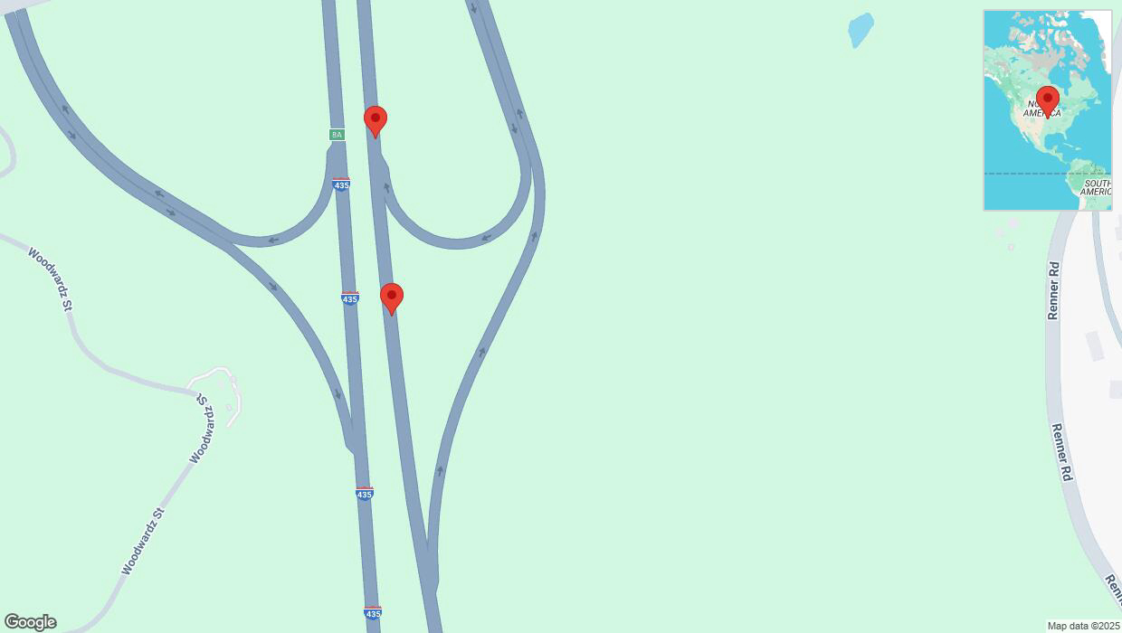 A detailed map that shows the affected road due to 'Broken down vehicle on northbound I-435 in Shawnee' on March 7th at 4:36 p.m.