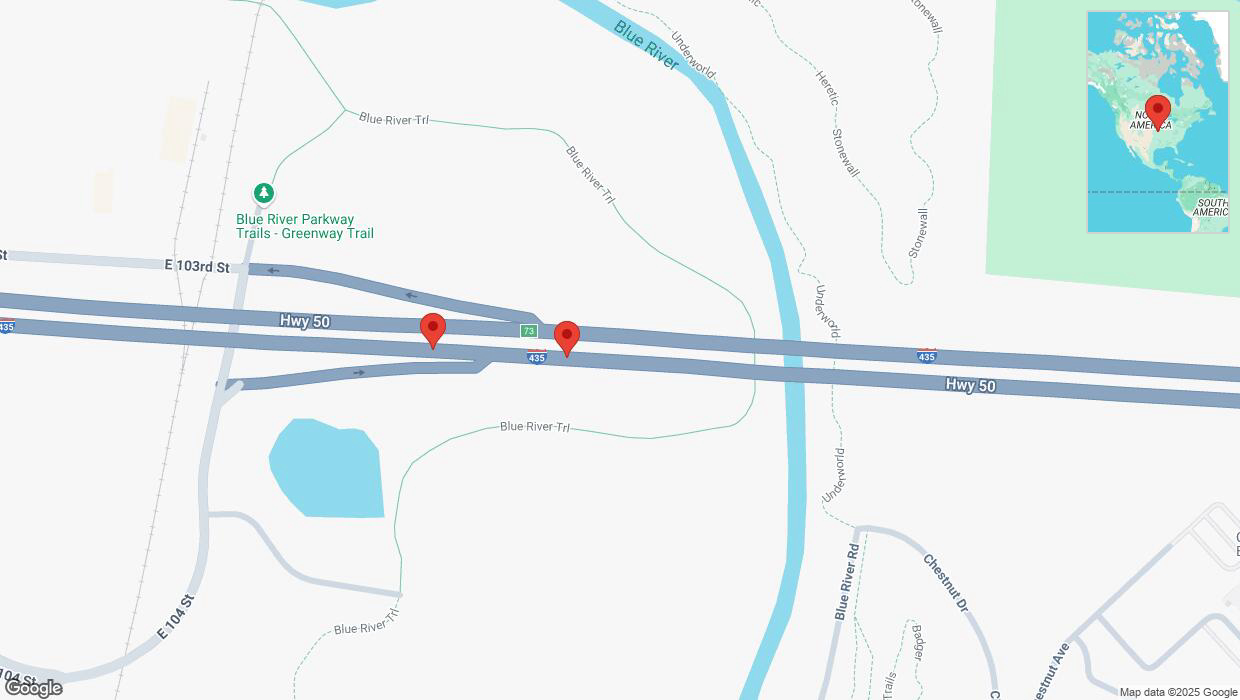 A detailed map that shows the affected road due to 'Broken down vehicle on eastbound I-435 in Kansas City' on March 7th at 4:48 p.m.